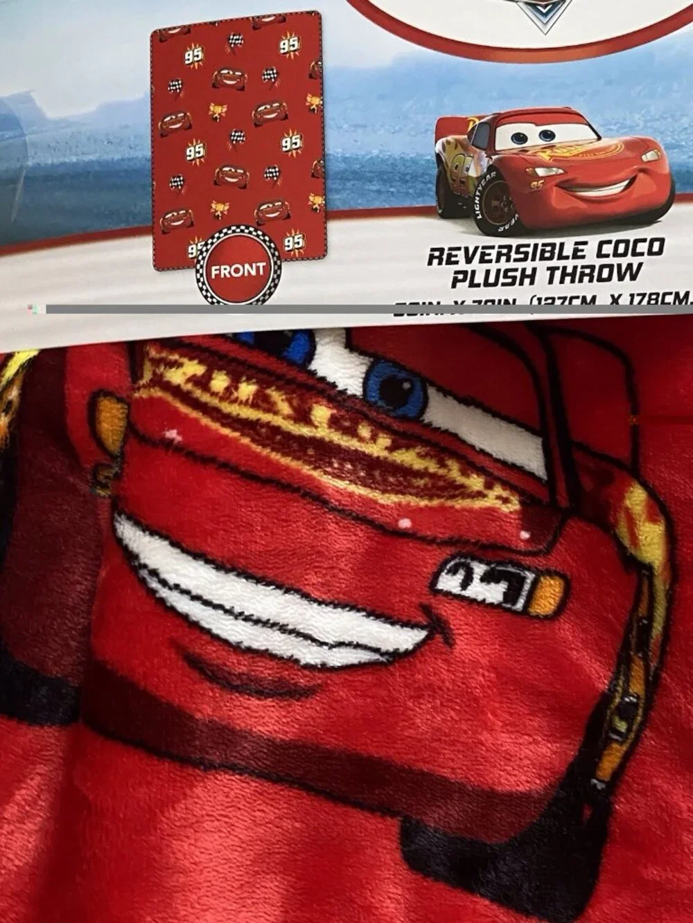 DISNEY Pixar CARS LIGHTNING MCQUEEN Reversible Coco Throw Blanket 50‎ X 70” NEW